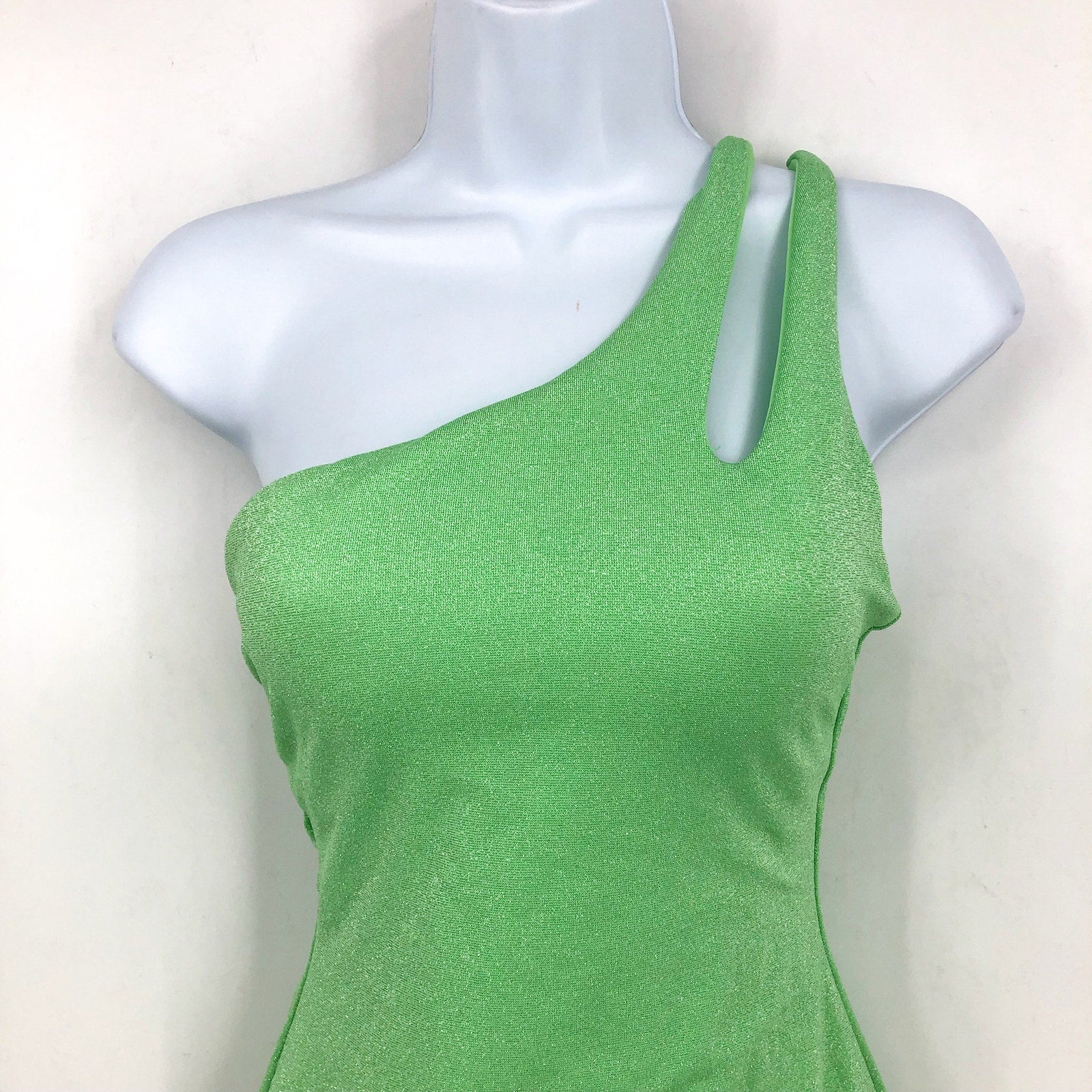 BECCA Glimmer Sparkly One Shoulder One Piece Swimsuit Large Lime Green NWT