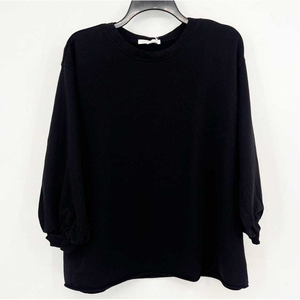 MODODOC Women's French Terry Crew Neck Top Large Black Puffed Long Sleeve NWT