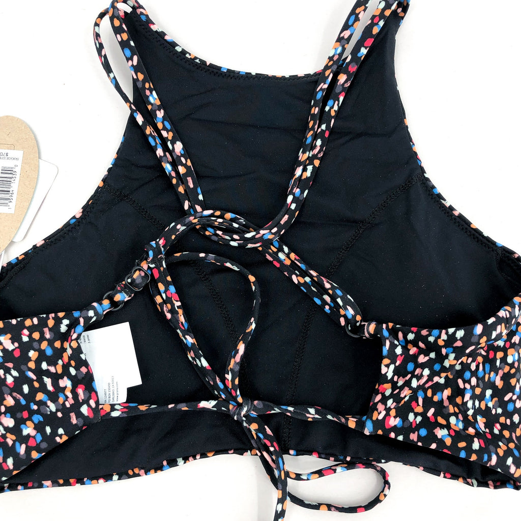 PRANA Women's Onyx Bay Bikini Top Small Black Alotta Dots High Neck NWT