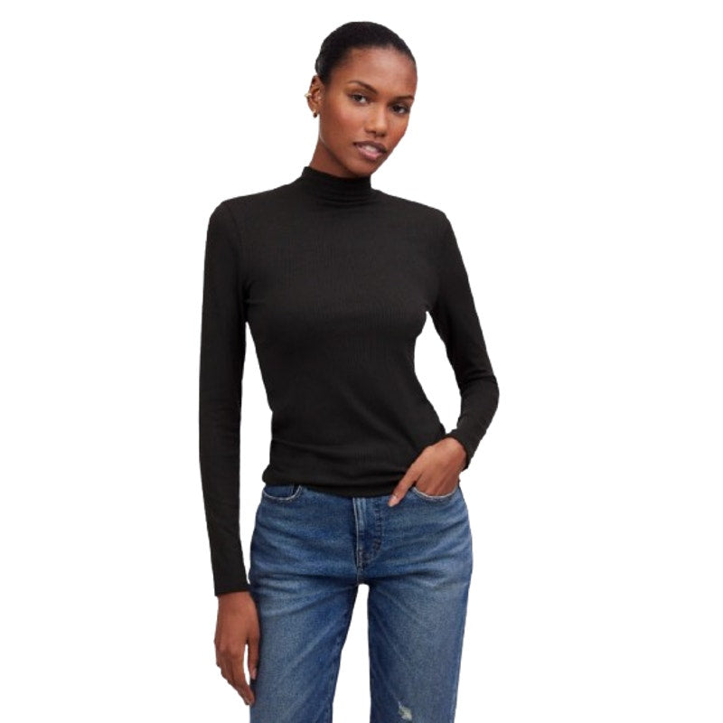 MADEWELL Women's Drapey Rib Long-Sleeve Mockneck Top Medium Jet Black NS610 NWT