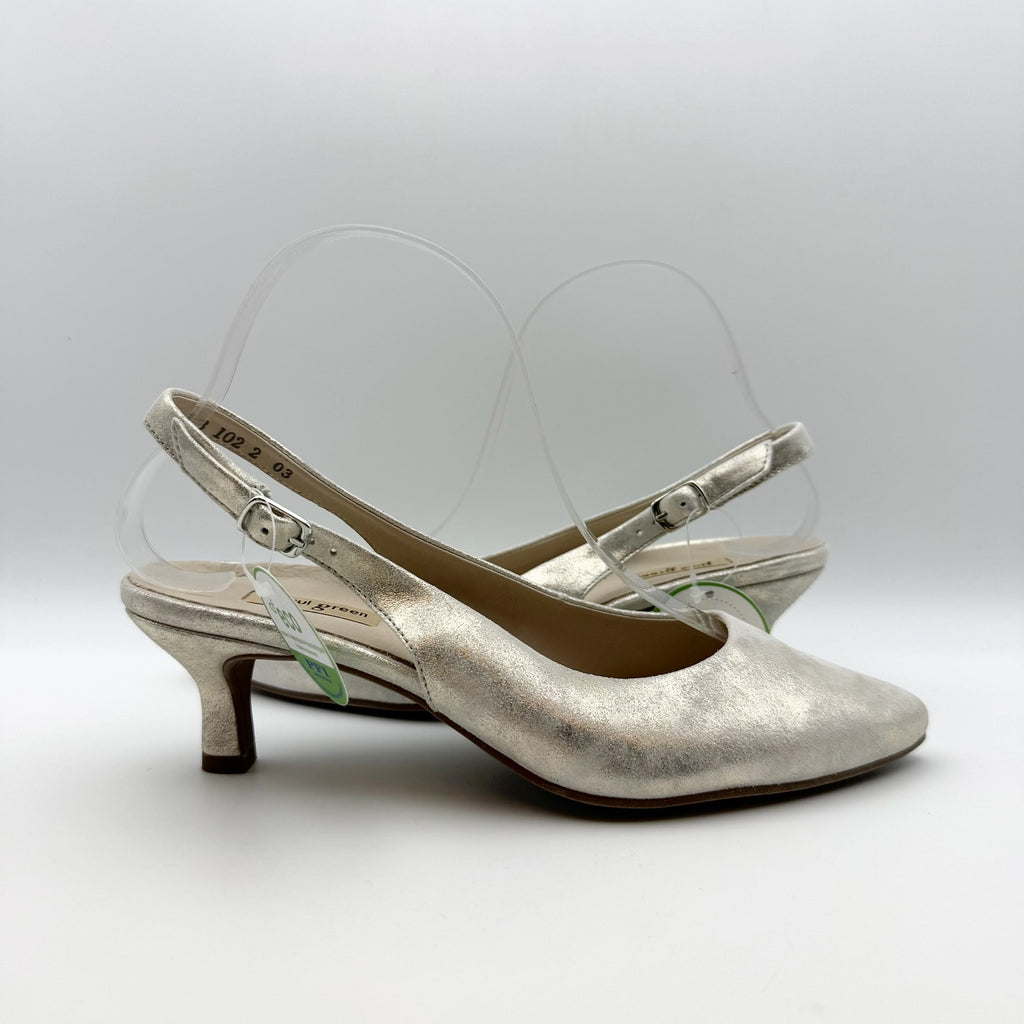 Paul Green Womens Rio Heels US 6.5 M Silver Metallic Leather Ankle Strap NIB