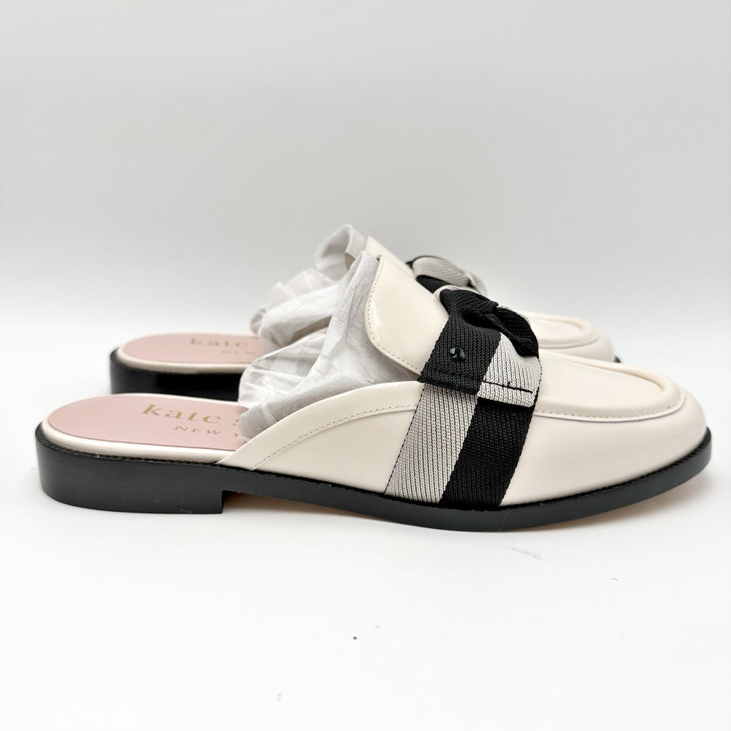 Kate Spade Womens Leandra Mule Loafer Size 9 Cream Patent Leather Twill Bow NIB