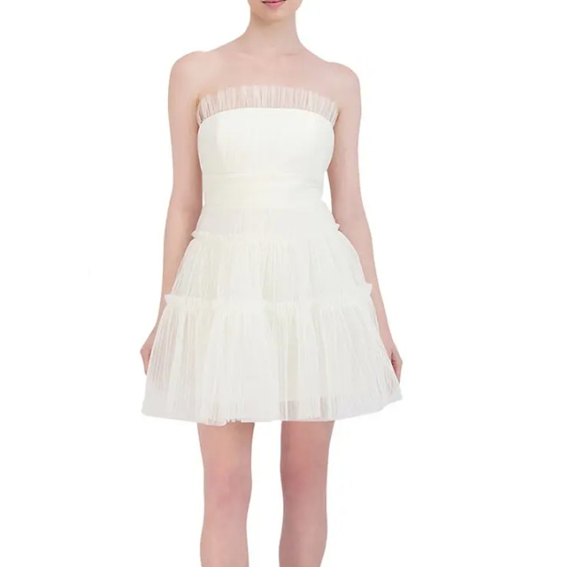 BCBGMAXAZRIA Women's Strapless Tiered Tulle Mini Dress Size 6 Gardenia White NWT