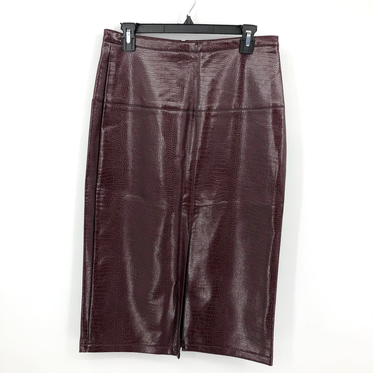 TOPSHOP Women's Crocodile Pencil Midi Skirt Size 8 Red Burgundy Faux Leather NWT