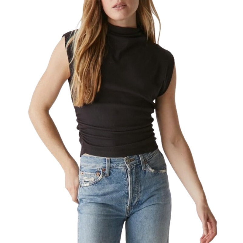 MICHAEL STARS Women's Amara Powershoulder Top Medium Black Mock Neck Ribbed NWT