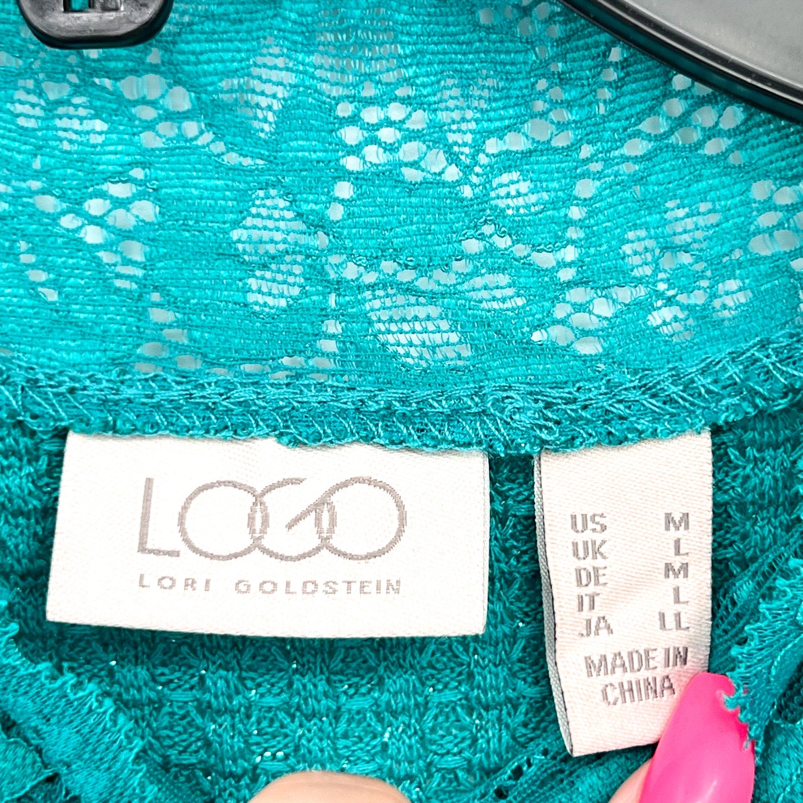 LOGO LORI GOLDSTEIN Metallic Waffle Knit Top Medium Blue Green Long Sleeve NWOT