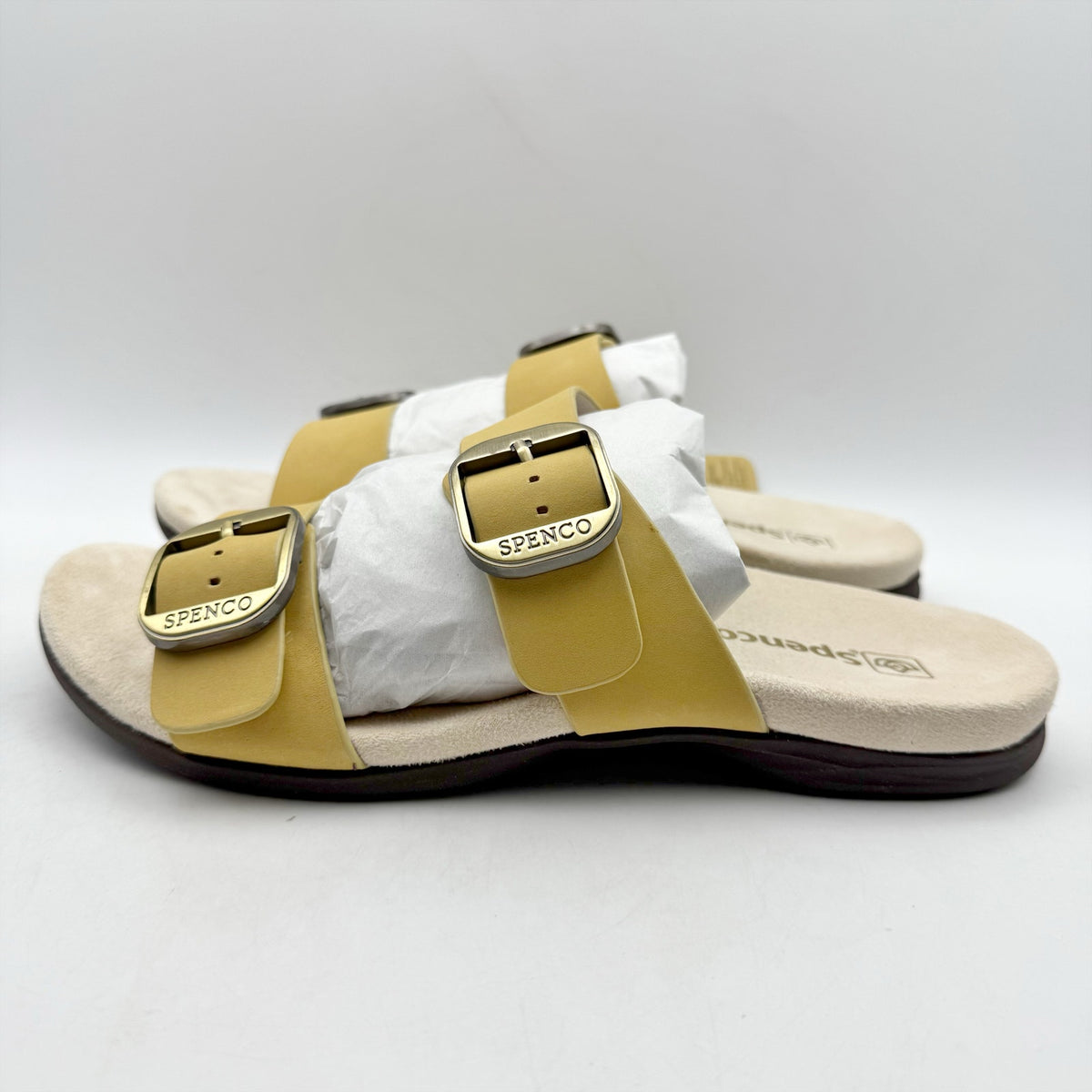 Spenco Womens Vista Slip On Sandals US 7.5 WIDE Yellow Leather Arch Support NIB