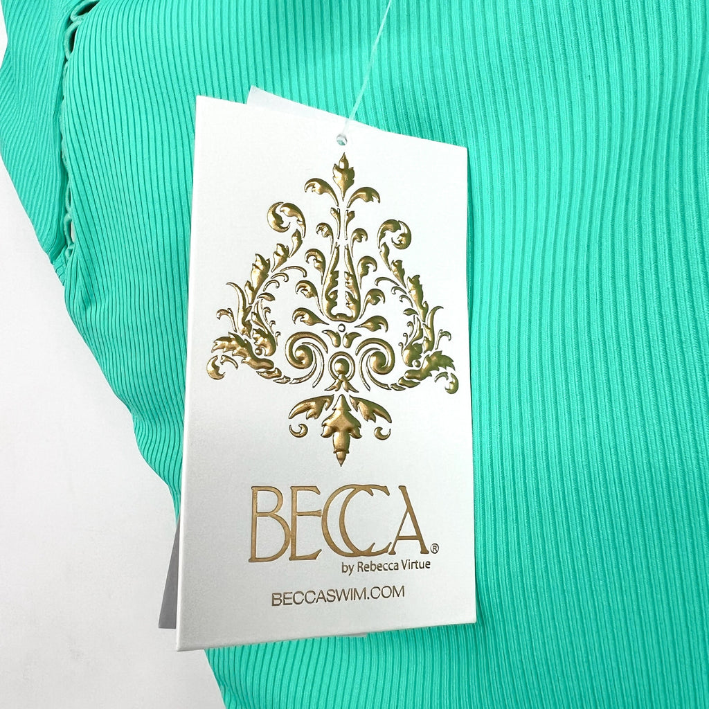 BECCA High Waist Bikini Bottoms Large Green Aqua Sea Modern Edge Cut Out NWT