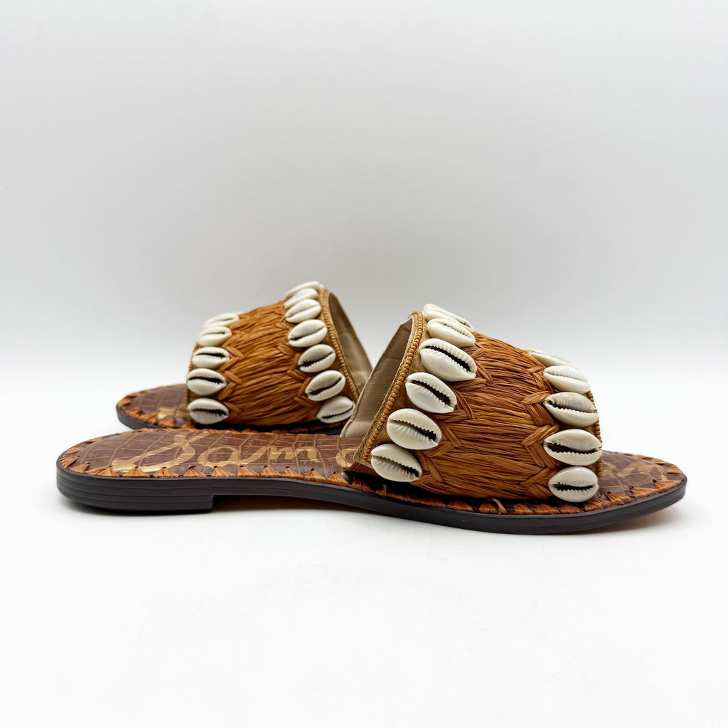Sam Edelman Womens Gale Sandals US 7.5 M Cognac Tan Seashell Detail Slip On NIB