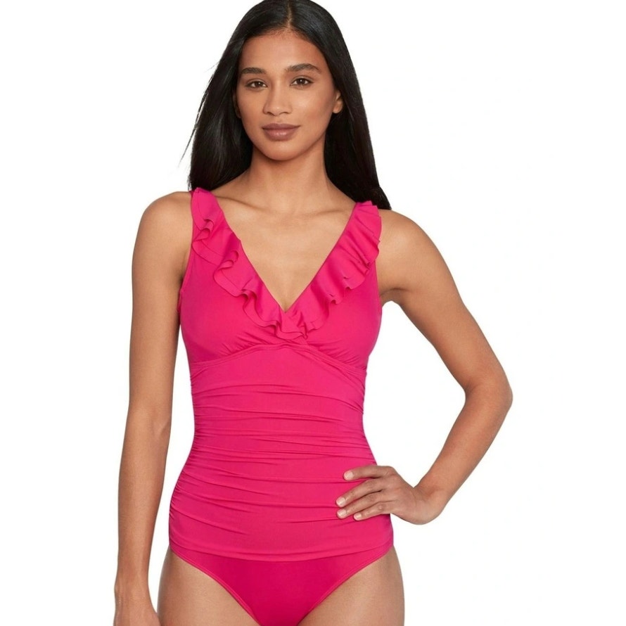 LAUREN RALPH LAUREN Ruffle One Piece Swimsuit Size 4 Orchid Pink Beach Club NWT