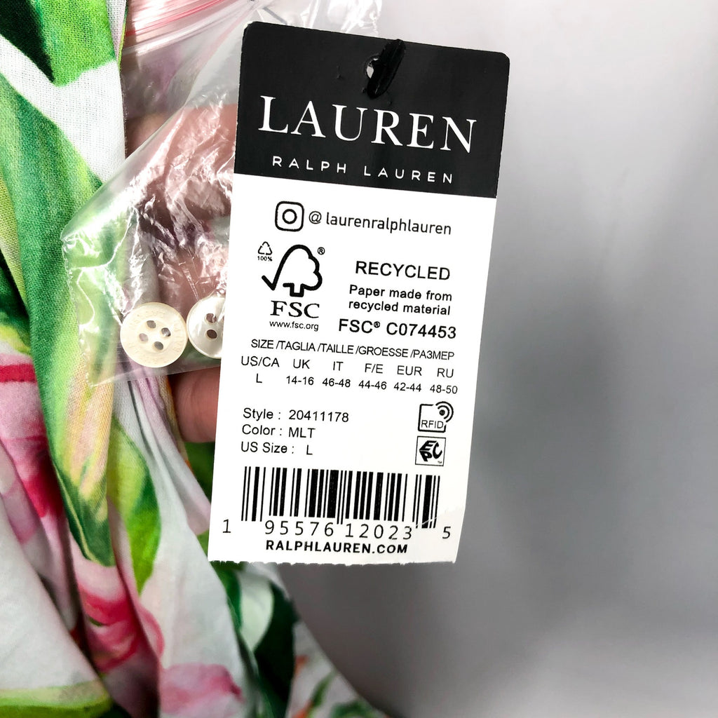 LAUREN RALPH LAUREN Tropical Floral Voile Shirtdress Large White Multi NWT