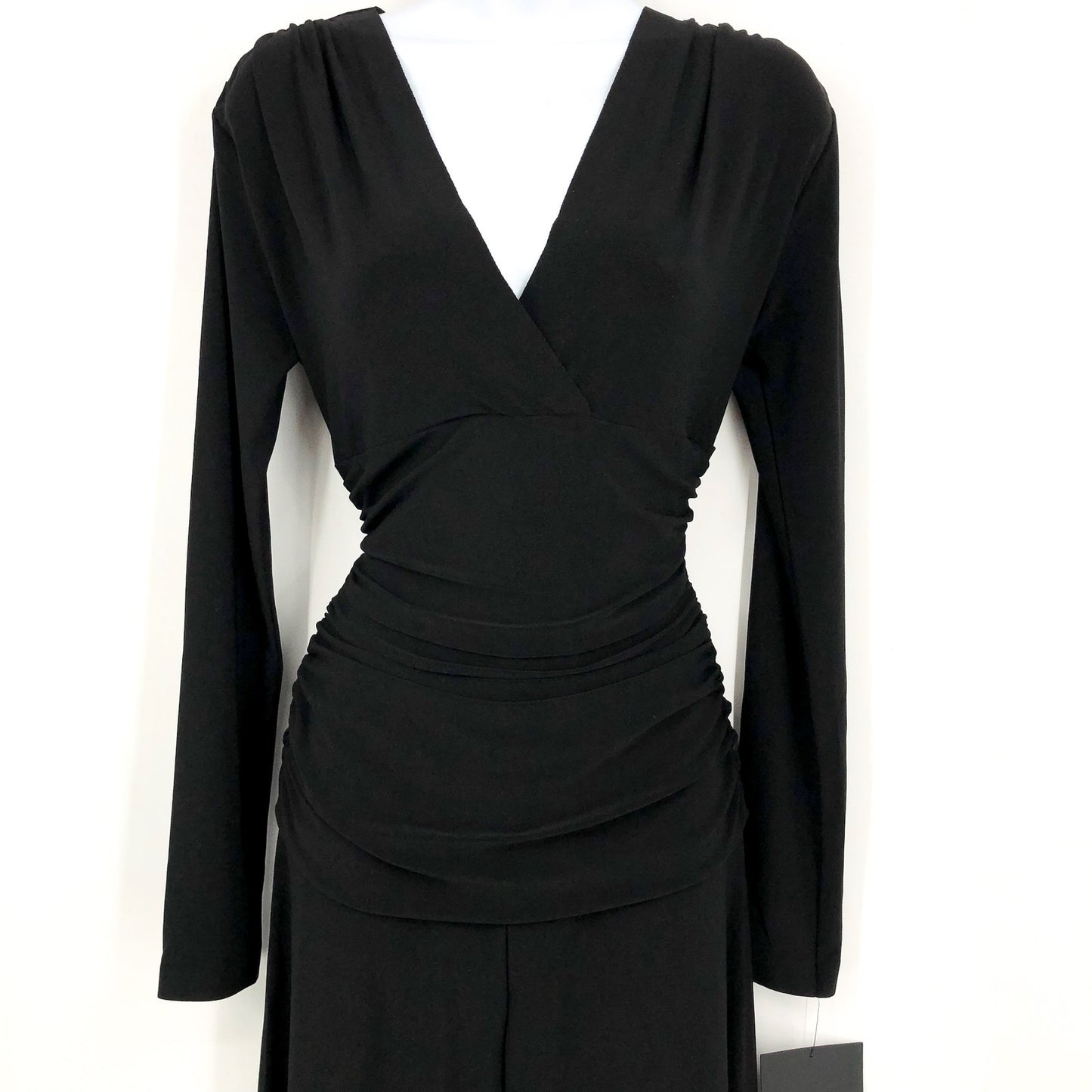 NORMA KAMALI V-Neck Long Sleeve Jumpsuit Large 40 Black Shirred Waist NWT
