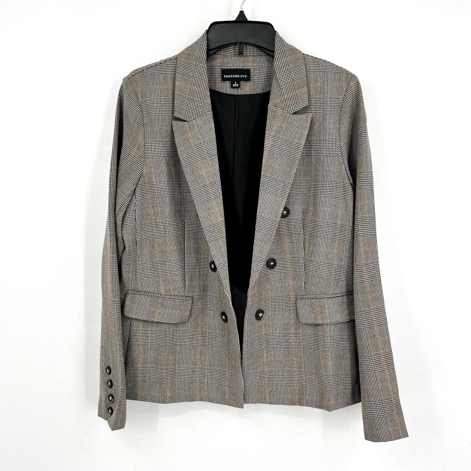 FORTUNE + IVY Womens Double-Breasted Blazer Small Glen Plaid Grey Multi NWOT