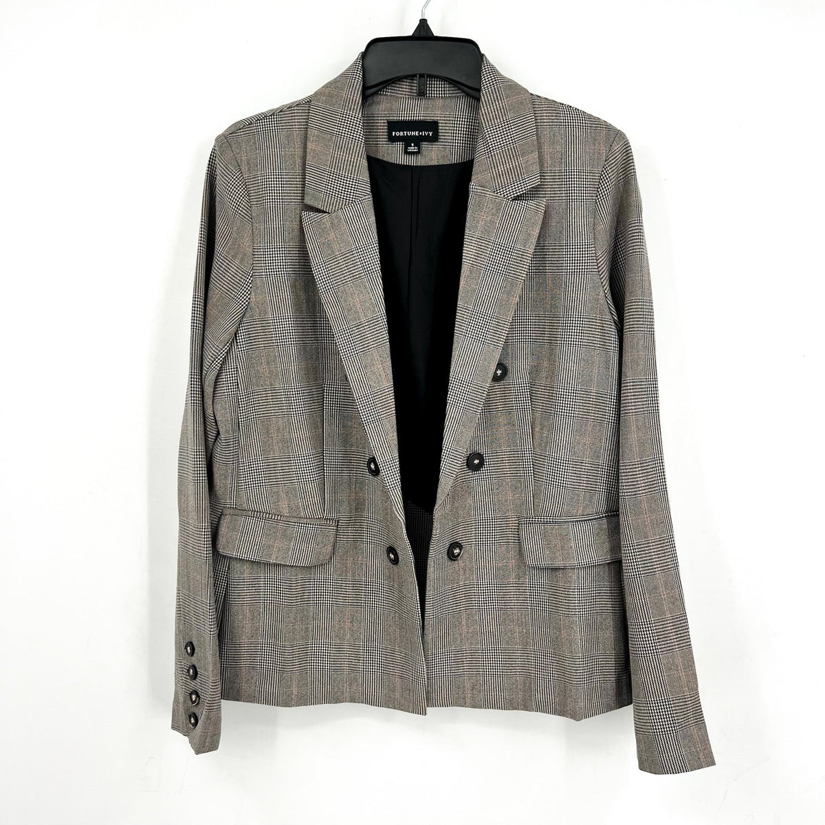 FORTUNE + IVY Womens Double-Breasted Blazer Small Glen Plaid Grey Multi NWOT