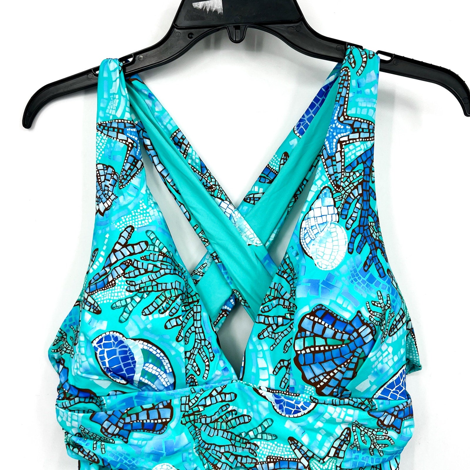 SEAFOLLY La Mer Cross Back One Piece Swimsuit Size 14 Aquatic Blue Print NWT