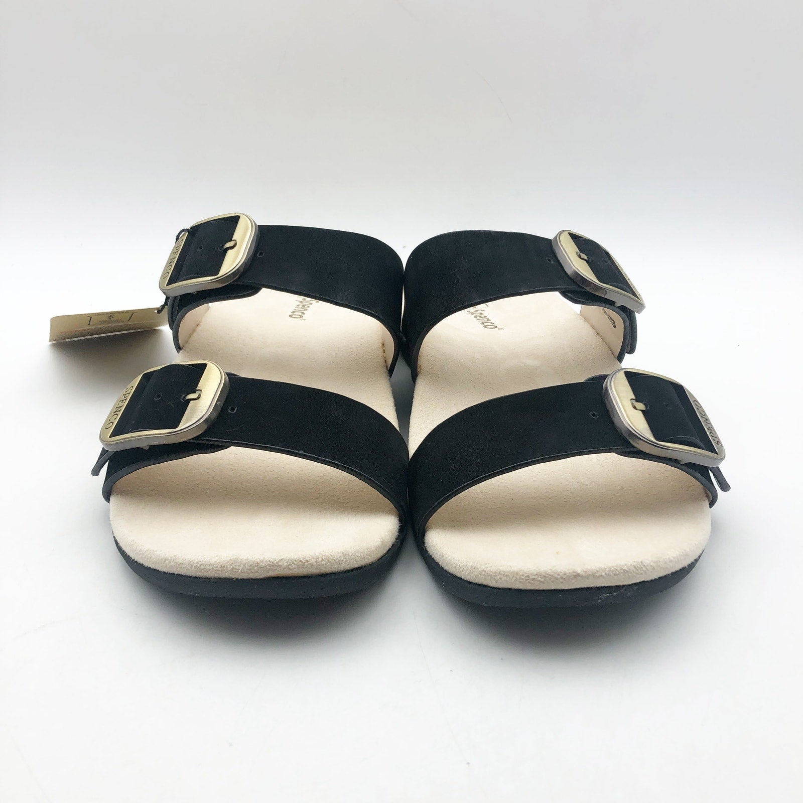 Spenco Womens Vista Slip On Sandals US 7.5 WIDE Black Leather Arch Support NIB