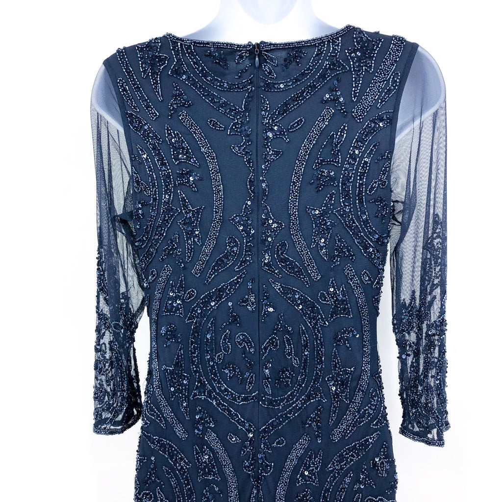PISARRO NIGHTS Sequin Beaded Illusion Gown Size 2 Navy Blue Maxi Dress NWT