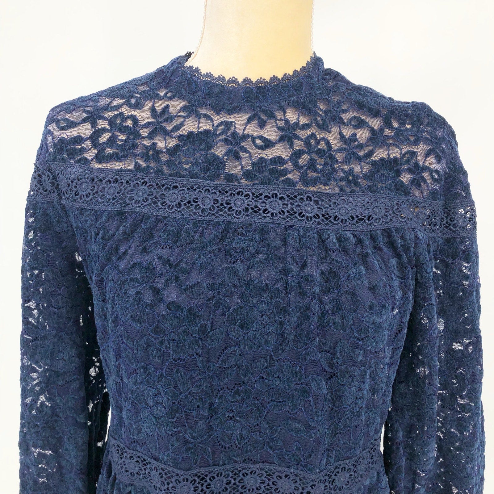 Tahari ASL Womens Chenile Lace Dress SIZE 4 Blue Long Sleeve Mock Neck NWT