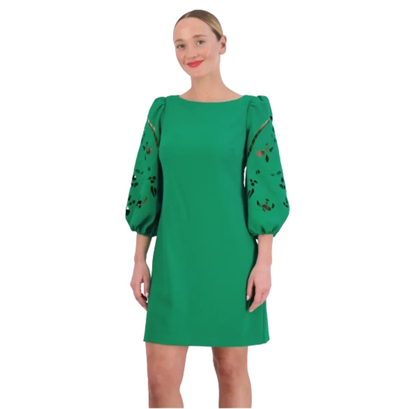 VINCE CAMUTO Women's Crepe Shift Dress Size 2 Green Eyelet Sleeve Cut Out NWOT
