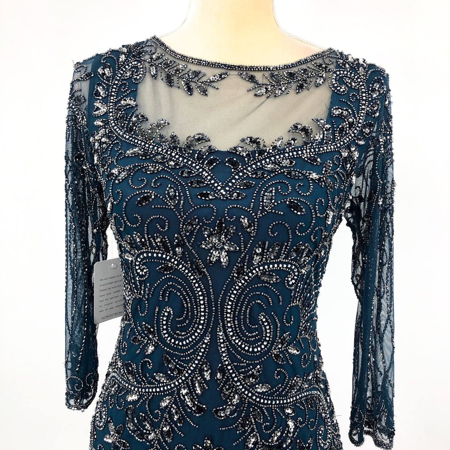 PISARRO NIGHTS Beaded Mesh Gown Size 4 Blue Rich Sapphire Mock Two-Piece NWT
