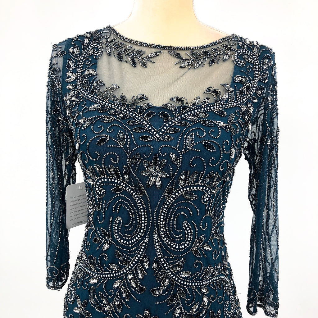 PISARRO NIGHTS Beaded Mesh Gown Size 4 Blue Rich Sapphire Mock Two-Piece NWT