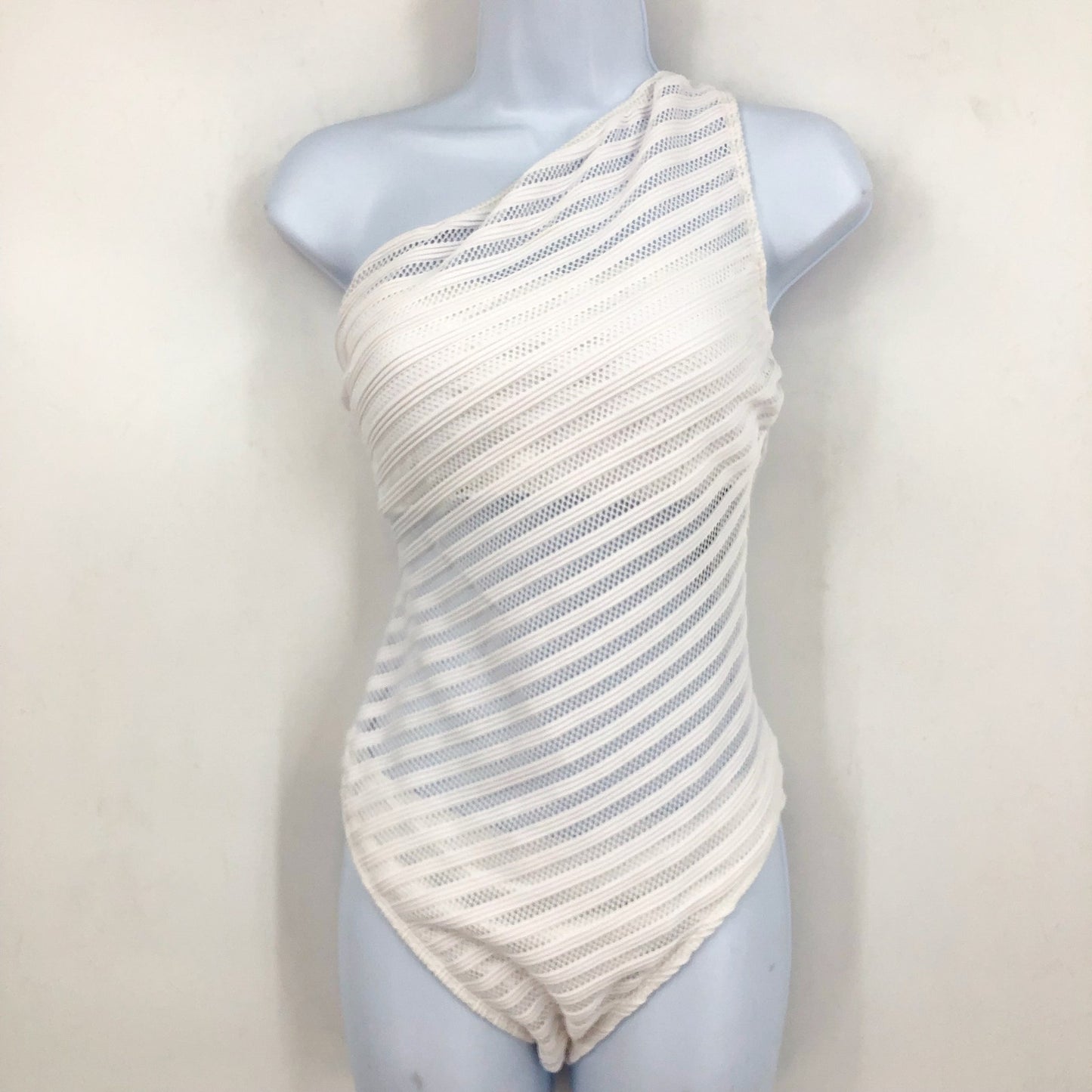 RALPH LAUREN Ottoman Mesh One-Piece Swimsuit Size 12 White One Shoulder NWT