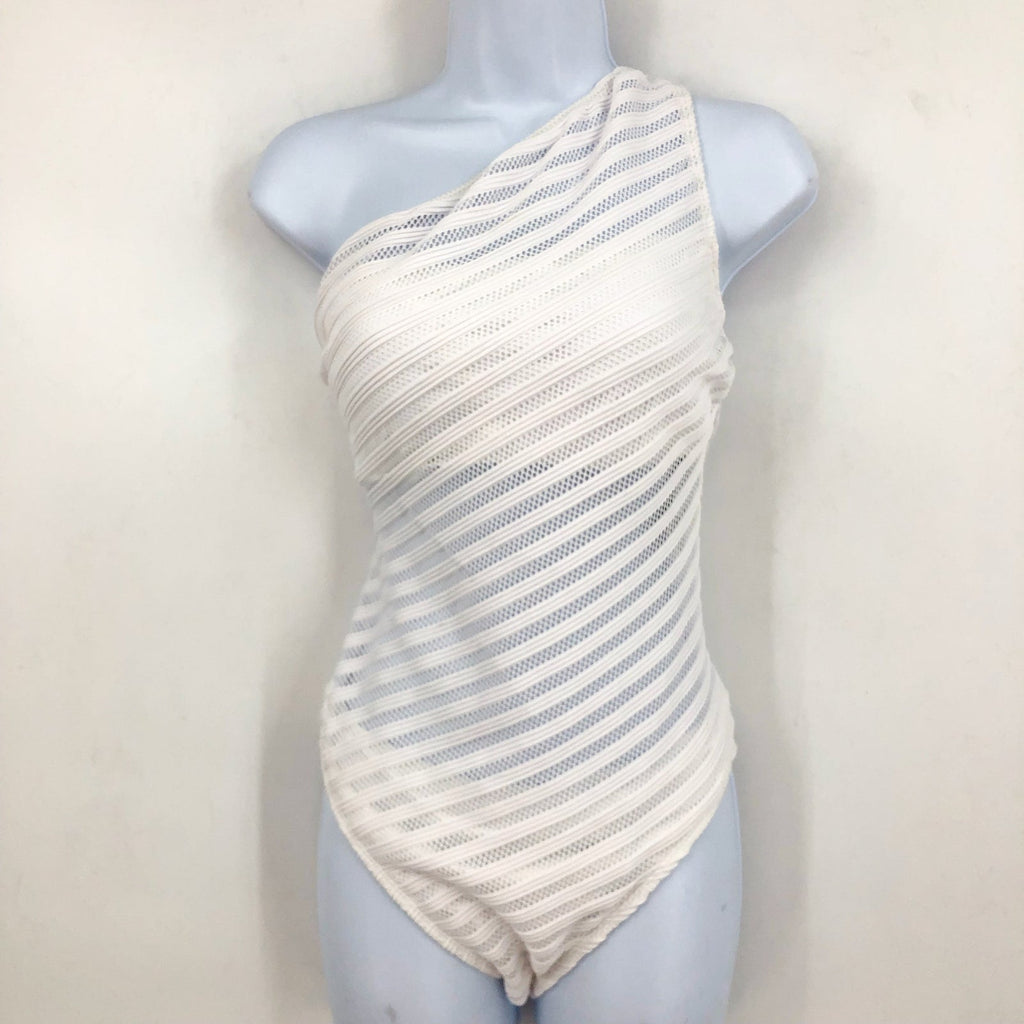 RALPH LAUREN Ottoman Mesh One-Piece Swimsuit Size 12 White One Shoulder NWT