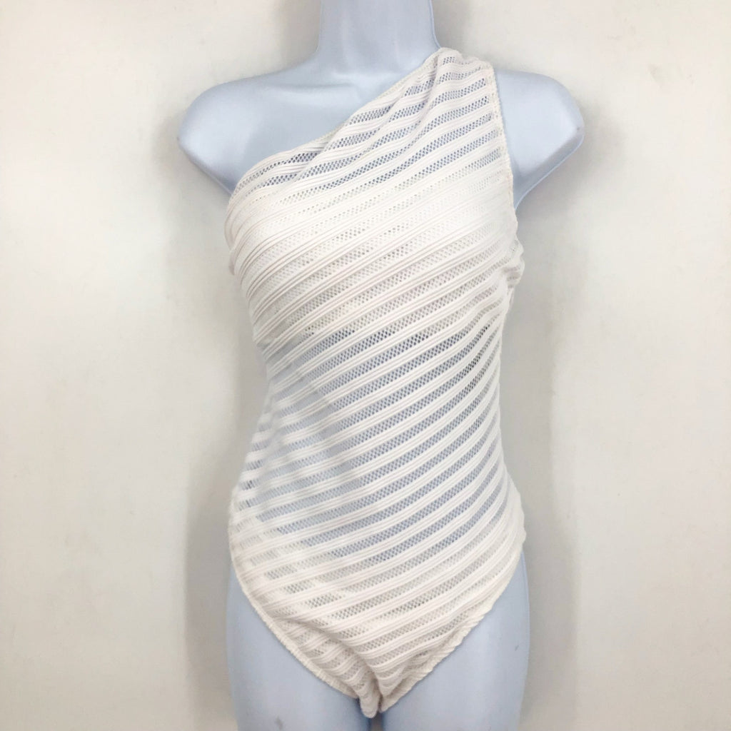 RALPH LAUREN Ottoman Mesh One-Piece Swimsuit Size 12 White One Shoulder NWT