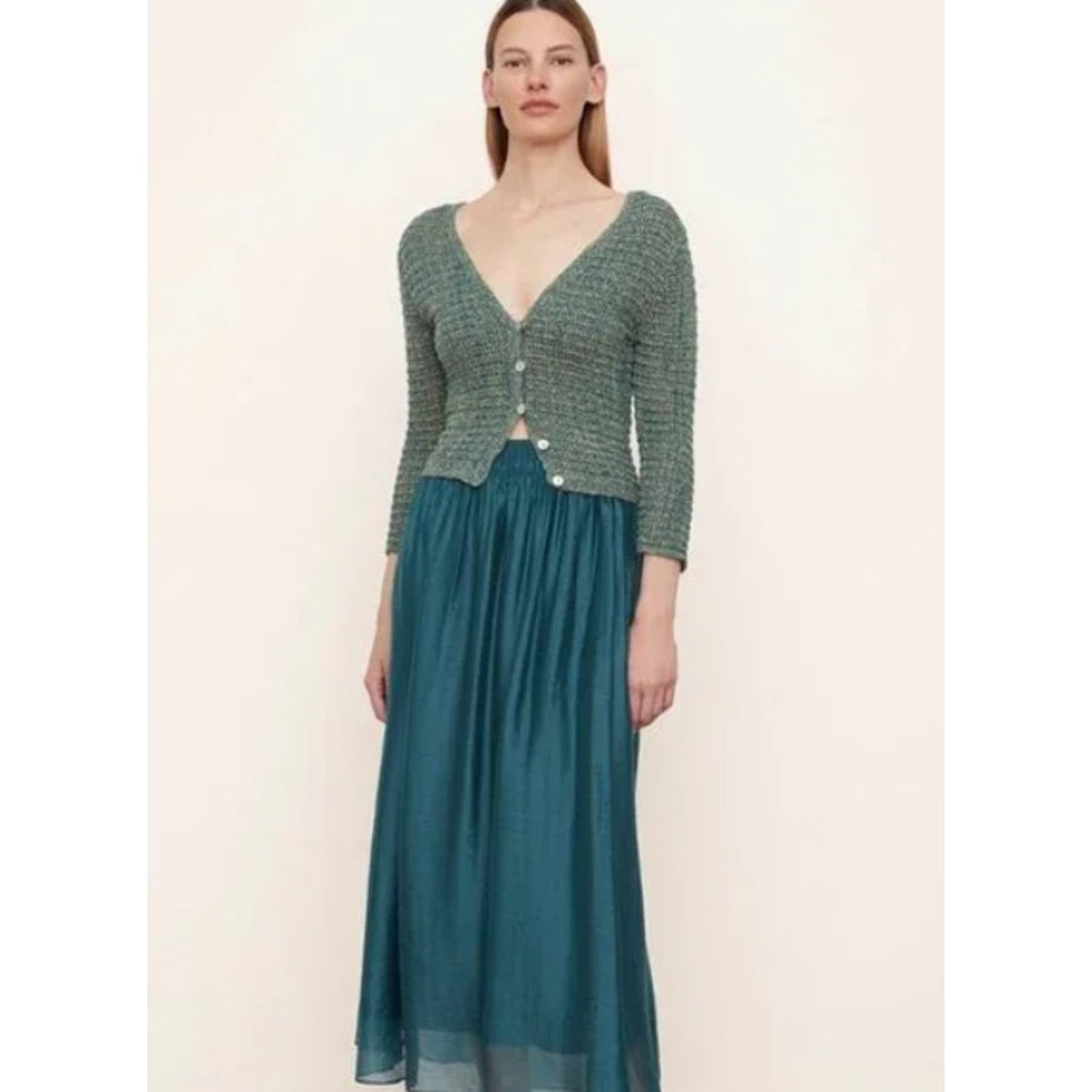 VINCE Women's Marled Crochet Cardigan XS Green Marl V-Neck Cotton NWT