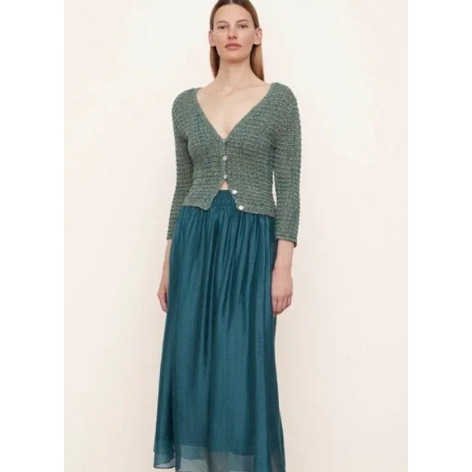 VINCE Women's Marled Crochet Cardigan XS Green Marl V-Neck Cotton NWT