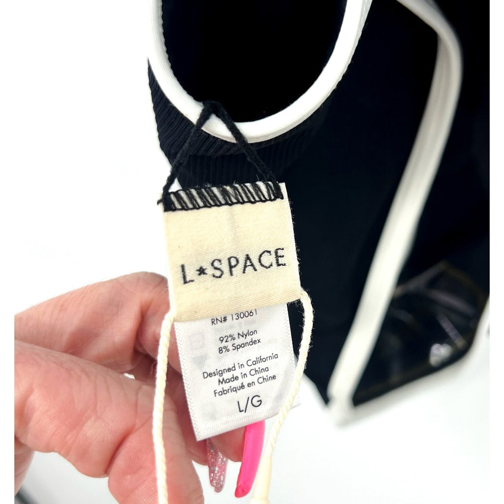 L*SPACE Womens Ribbed Baewatch One Piece Swimsuit Large Black Cream Low Back NWT