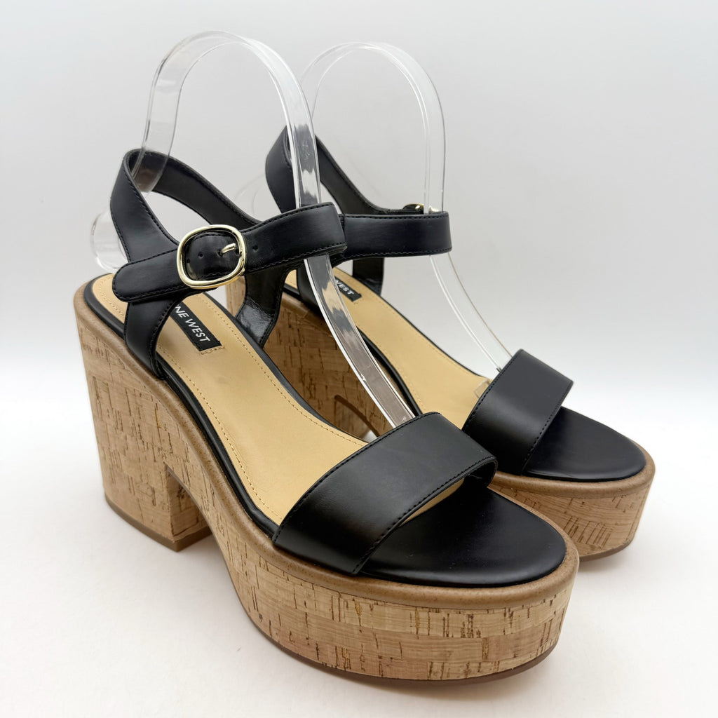 Nine West Womens Amye Platform Sandals US 8 Black Vegan Leather NWOB