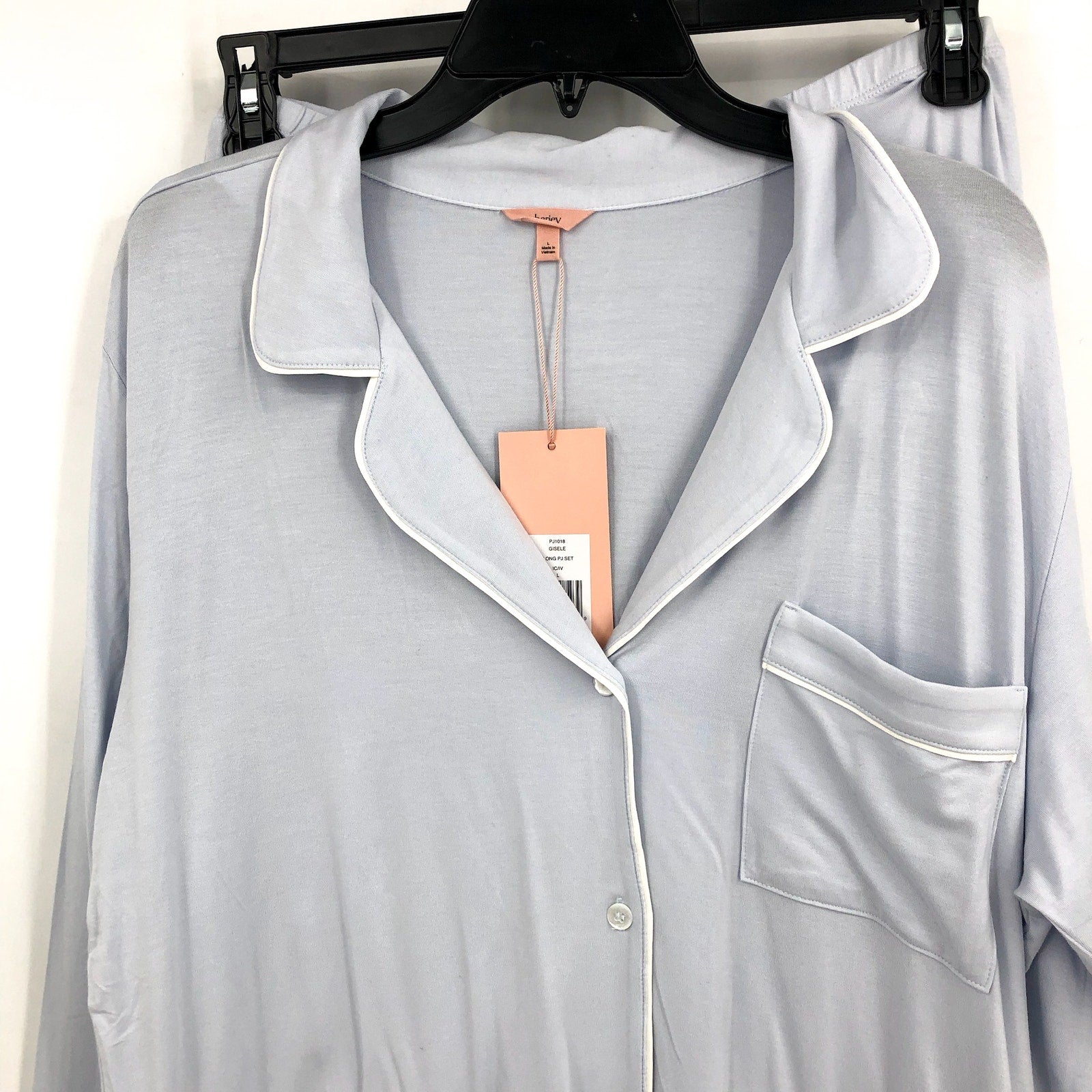EBERJEY Women's Gisele Long Pajama Set Large Ice Blue Ivory TENCEL Modal NWT