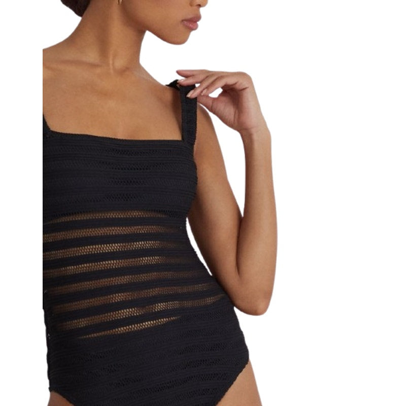 LAUREN RALPH LAUREN Ottoman One-Piece Swimsuit Size 16 Black Mesh Stripe NWT