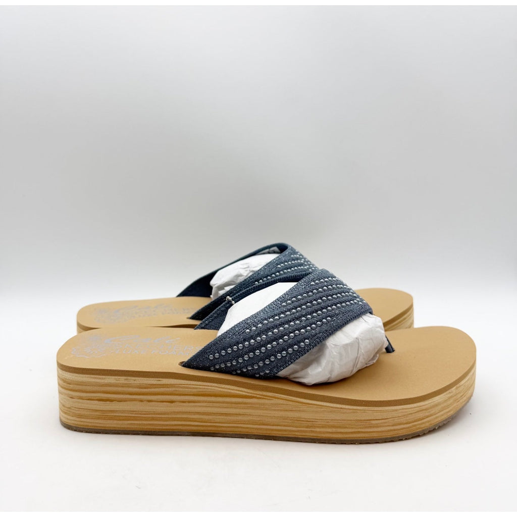 Skechers Womens Summers Mid Wedge Thong Sandals Size 7 EU 37 Slate Blue Tan NIB