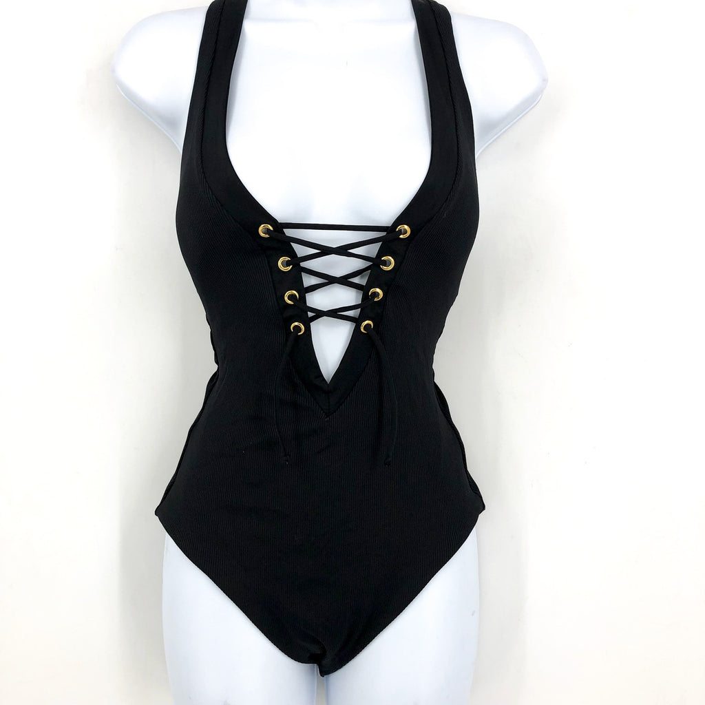 BECCA Women's Modern Edge Gia One Piece Swimsuit Medium Black Lace Up Corset NWT