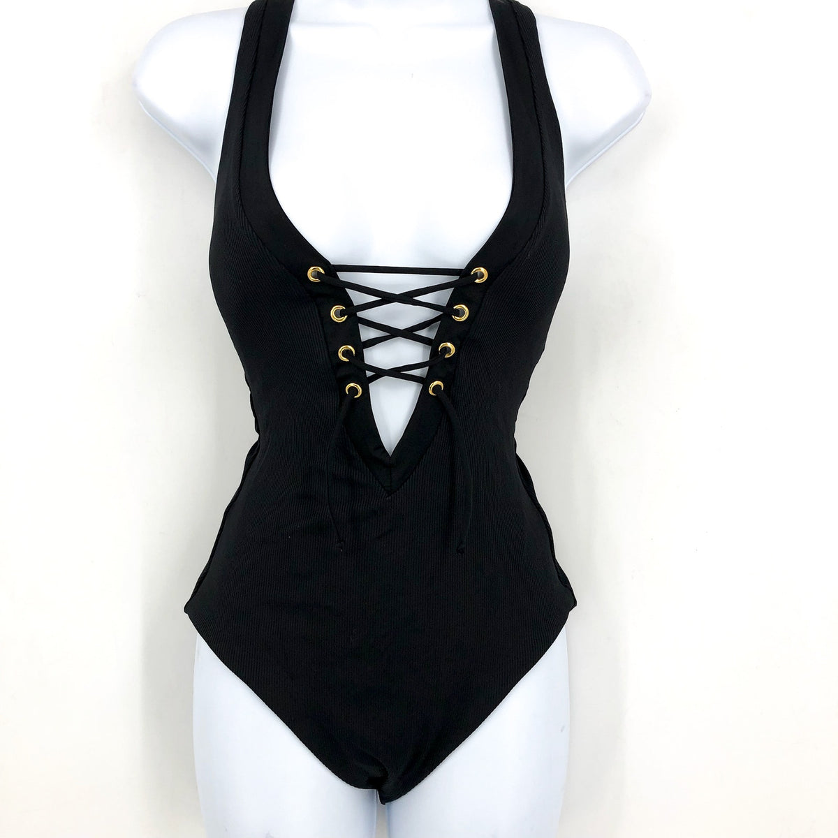 BECCA Women's Modern Edge Gia One Piece Swimsuit Medium Black Lace Up Corset NWT