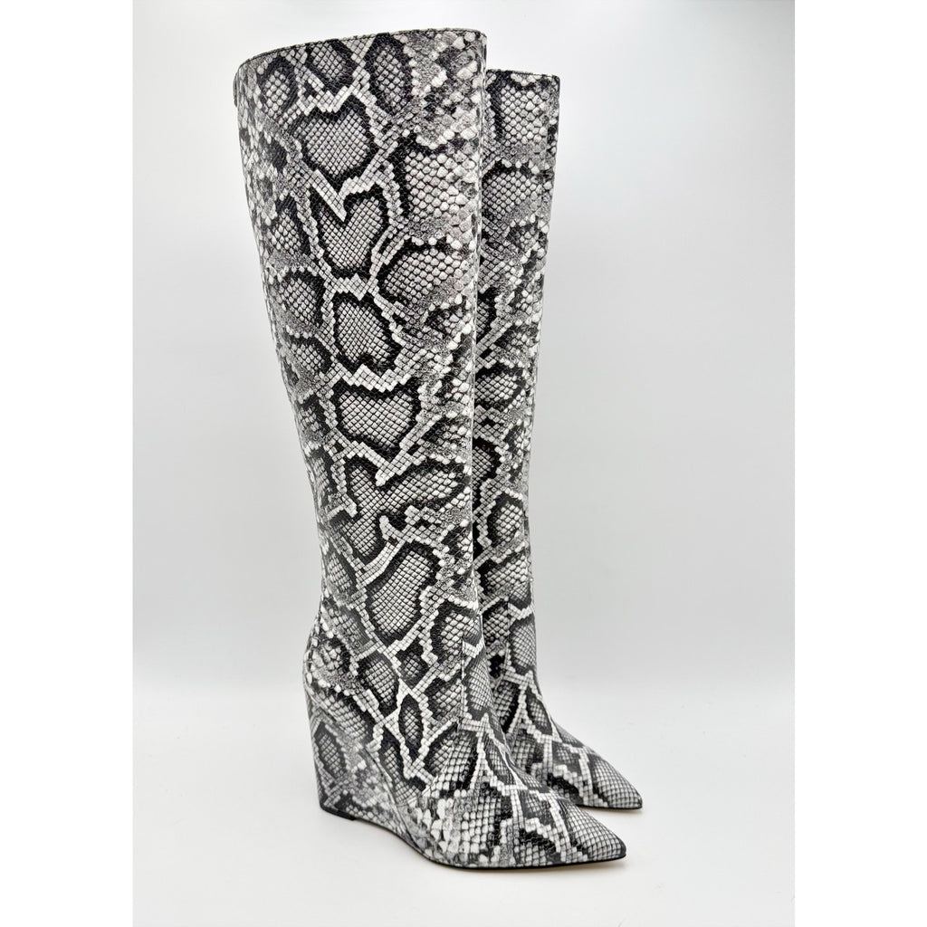Michael Kors Womens Isra Knee High Wedge Boots Size 5.5 Black Snake Leather NWOB