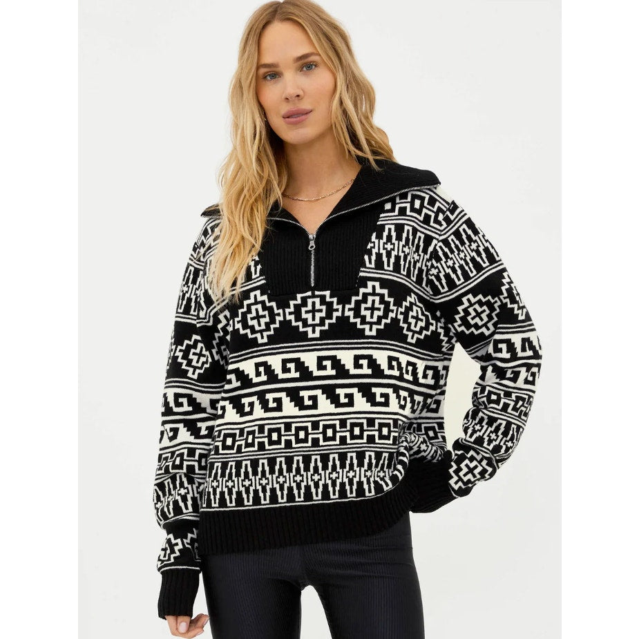 BEACH RIOT Womens Monterey Jacquard Quarter Zip Sweater XS Black Tribal NWT