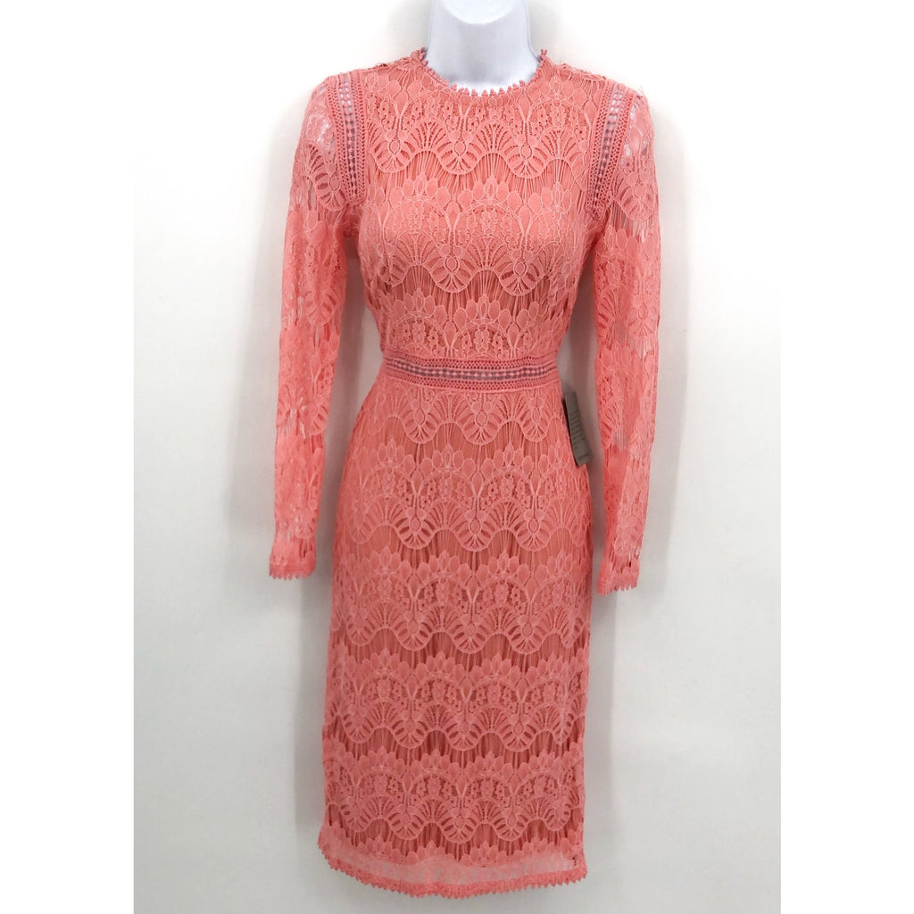 LOVE X DESIGN Women Lace Long Sleeve Midi Dress XS RosePetal Pink Jewel Neck NWT