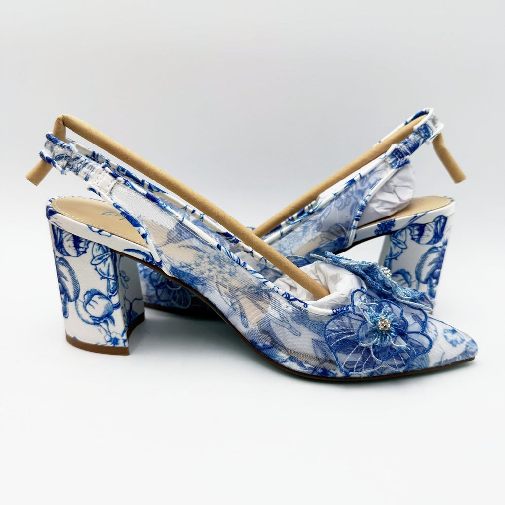 Betsey Johnson Womens Petra Slingback Heels Size 5 White Blue Floral Chiffon NIB