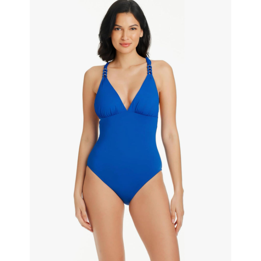 BLEU ROD BEATTIE Ring Master Drape One-Piece Swimsuit Size 8 Blue Azure NWT