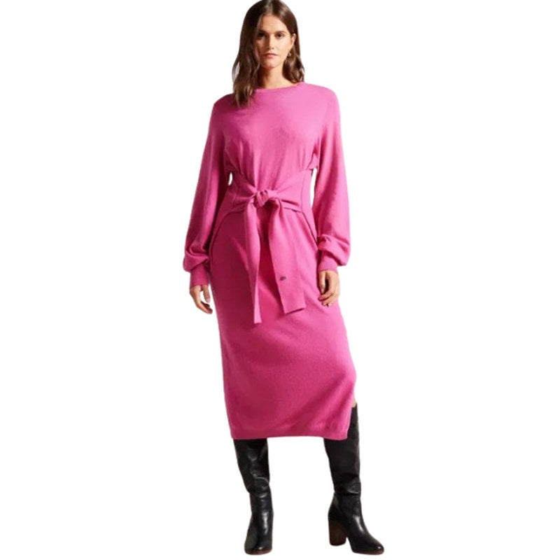 TED BAKER Essya Knit Midi Sweater Dress Small Size 1 Bright Pink Slouchy Tie NWT