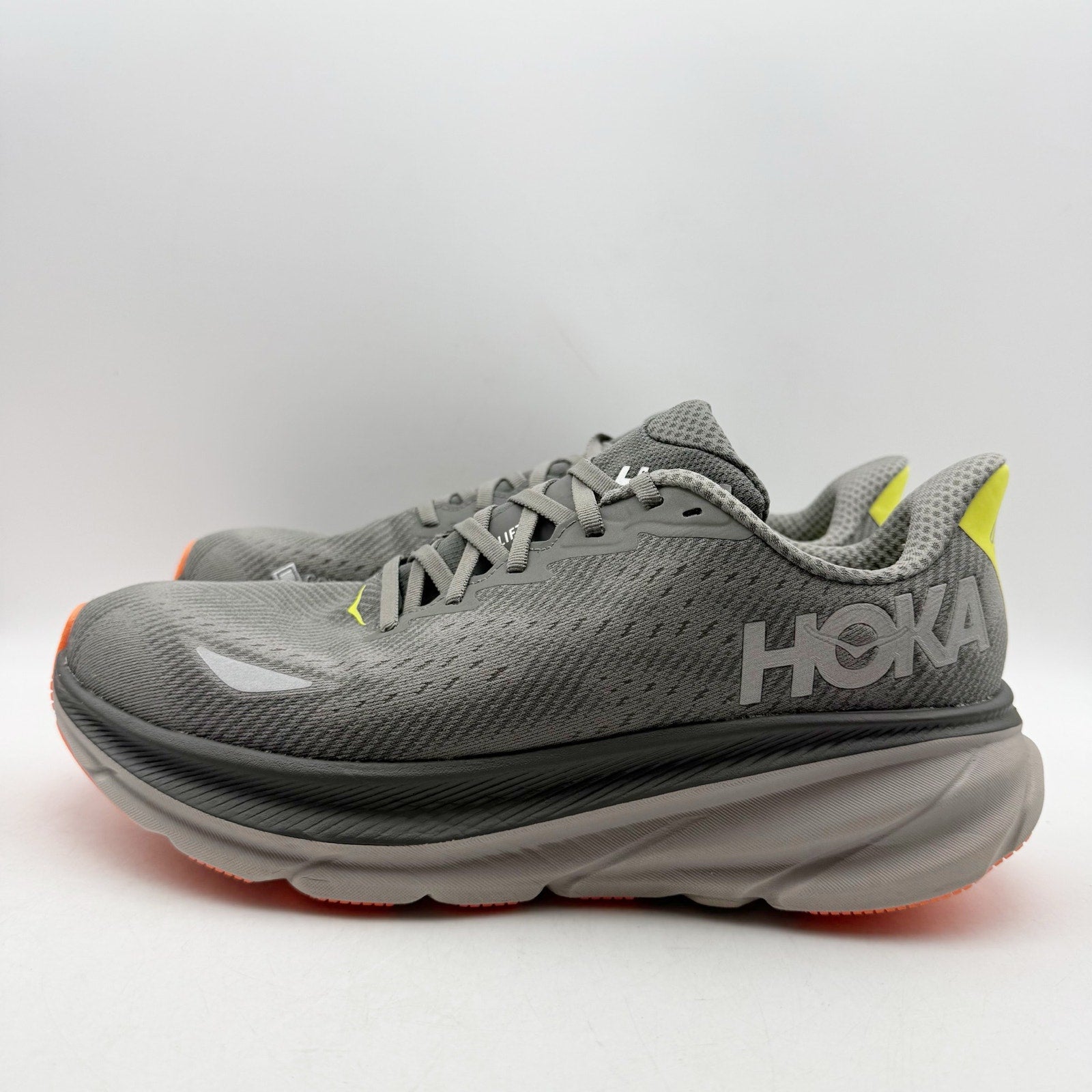 Hoka Mens Clifton 9 GTX Running Sneakers US 10 D Grey Orange WP Athletic NWOB