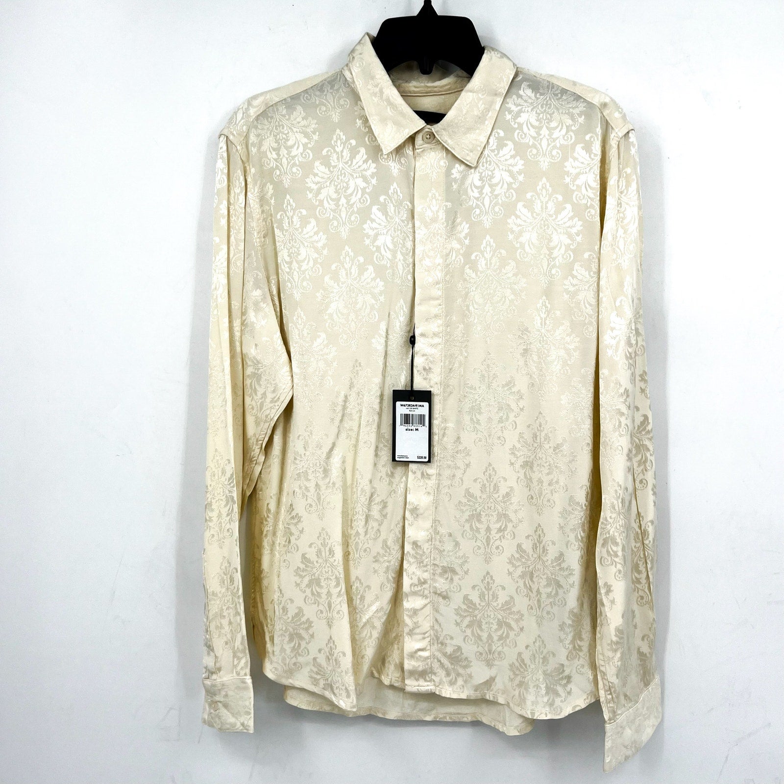 JOHN VARVATOS Men's Rodney Long Sleeve Shirt Medium Cream Damask Jacquard NWT
