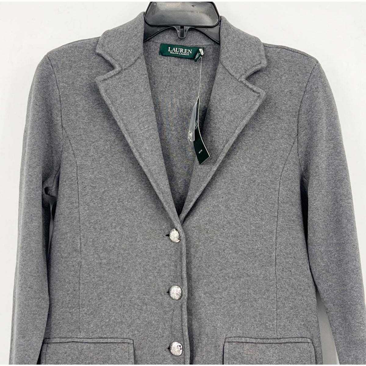 LAUREN RALPH LAUREN Womens Sweater Knit Blazer Small Petite Grey Long Sleeve NWT