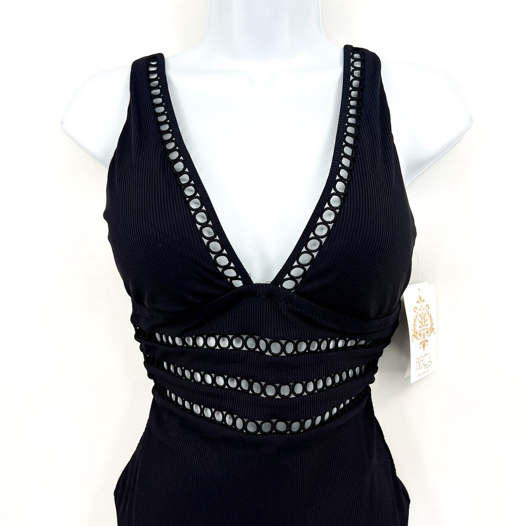 BECCA Women's Toni Plunge One Piece Swimsuit Medium Black Modern Edge Rib NWT