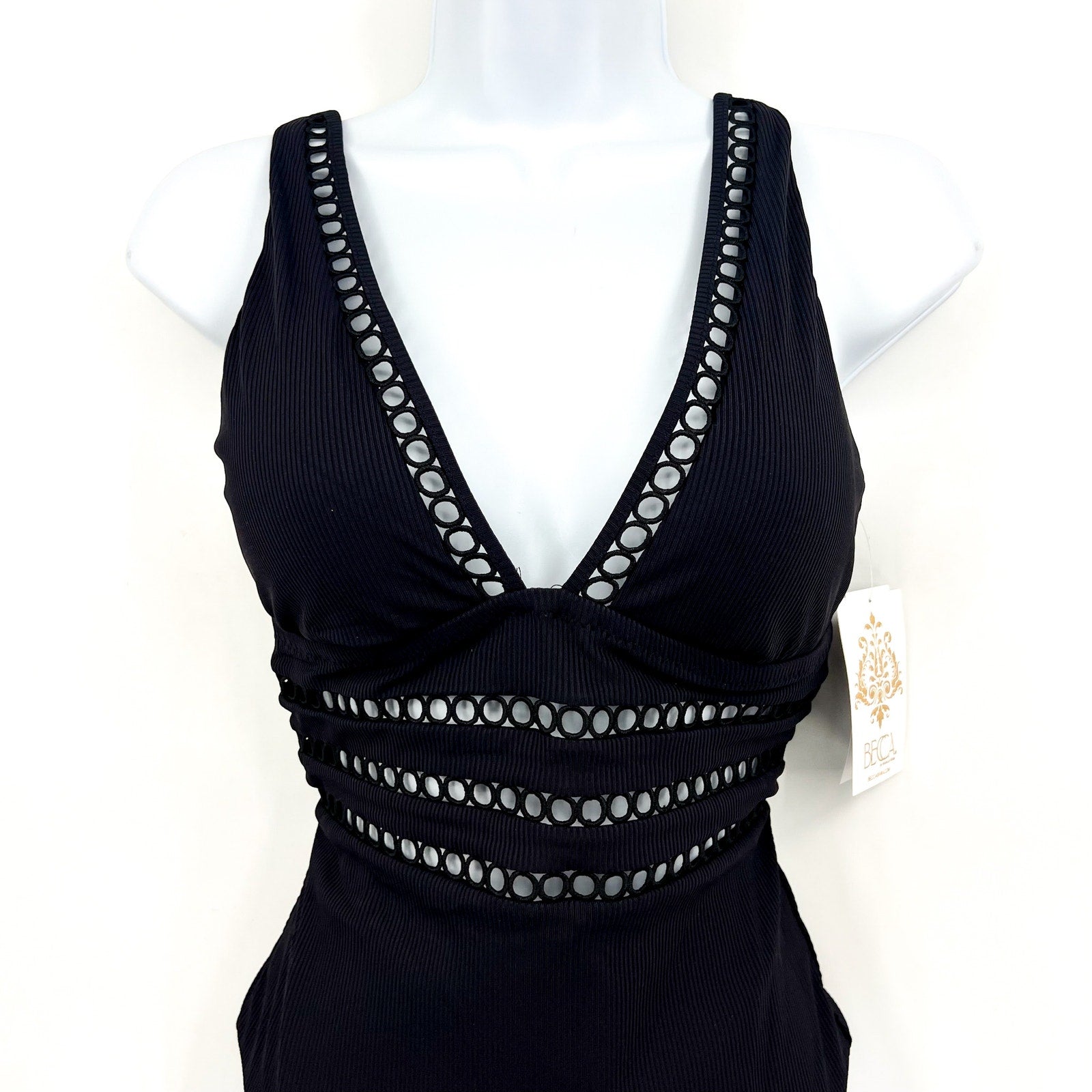 BECCA Women's Toni Plunge One Piece Swimsuit Medium Black Modern Edge Rib NWT
