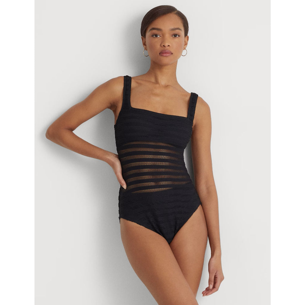 LAUREN RALPH LAUREN Ottoman One-Piece Swimsuit Size 6 Black Mesh Stripe NWT