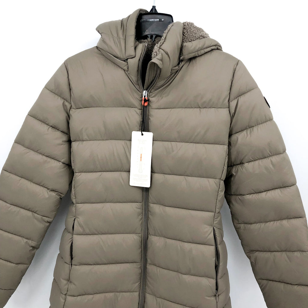 SAVE THE DUCK Joanne Hooded Longline Puffer Jacket Large Size 12 Grey Taupe NWT